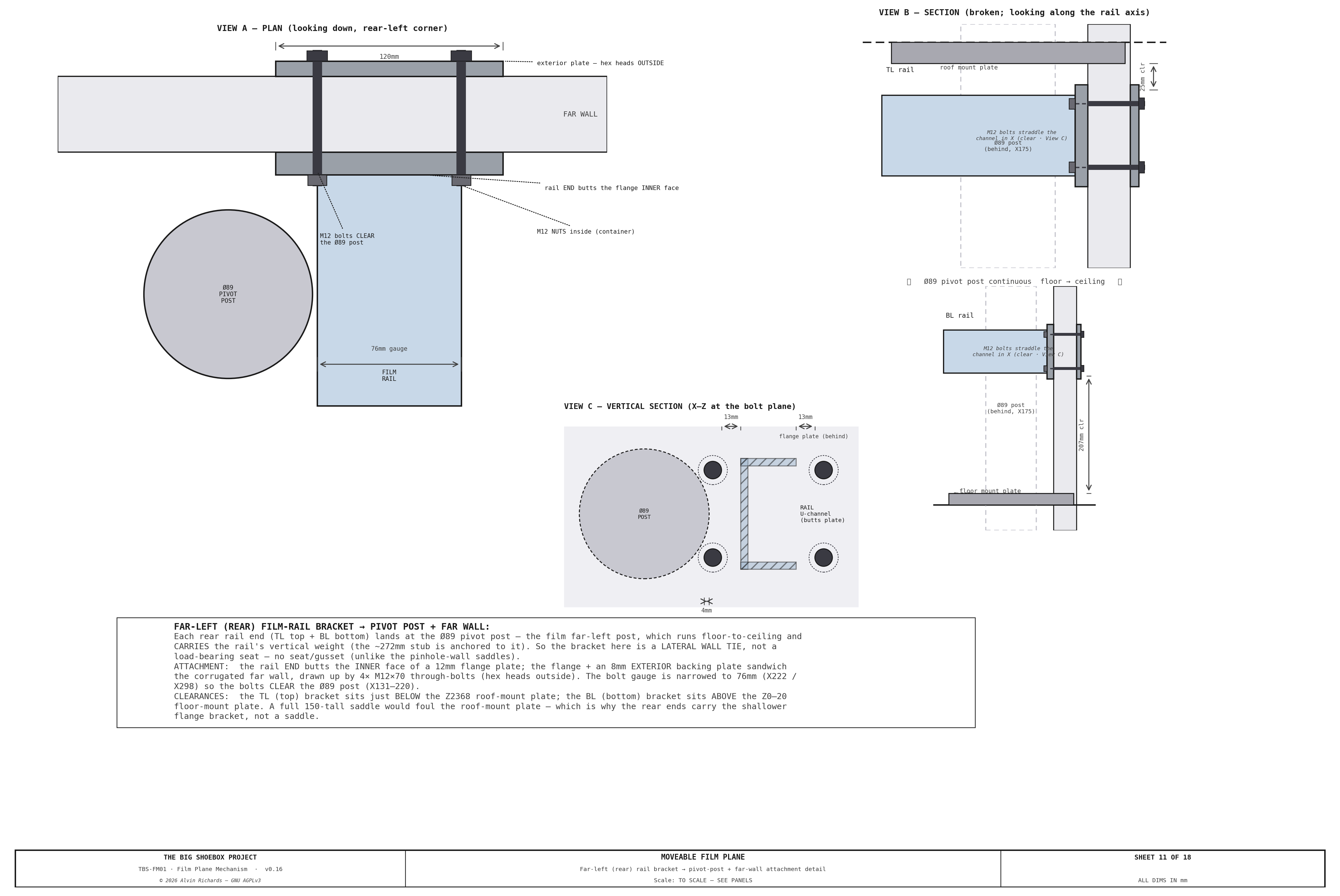 TBS-001 Film Plane Mechanism — Sheet 11: Far-Left (Rear) Rail Bracket → Pivot-Post + Far-Wall Attachment