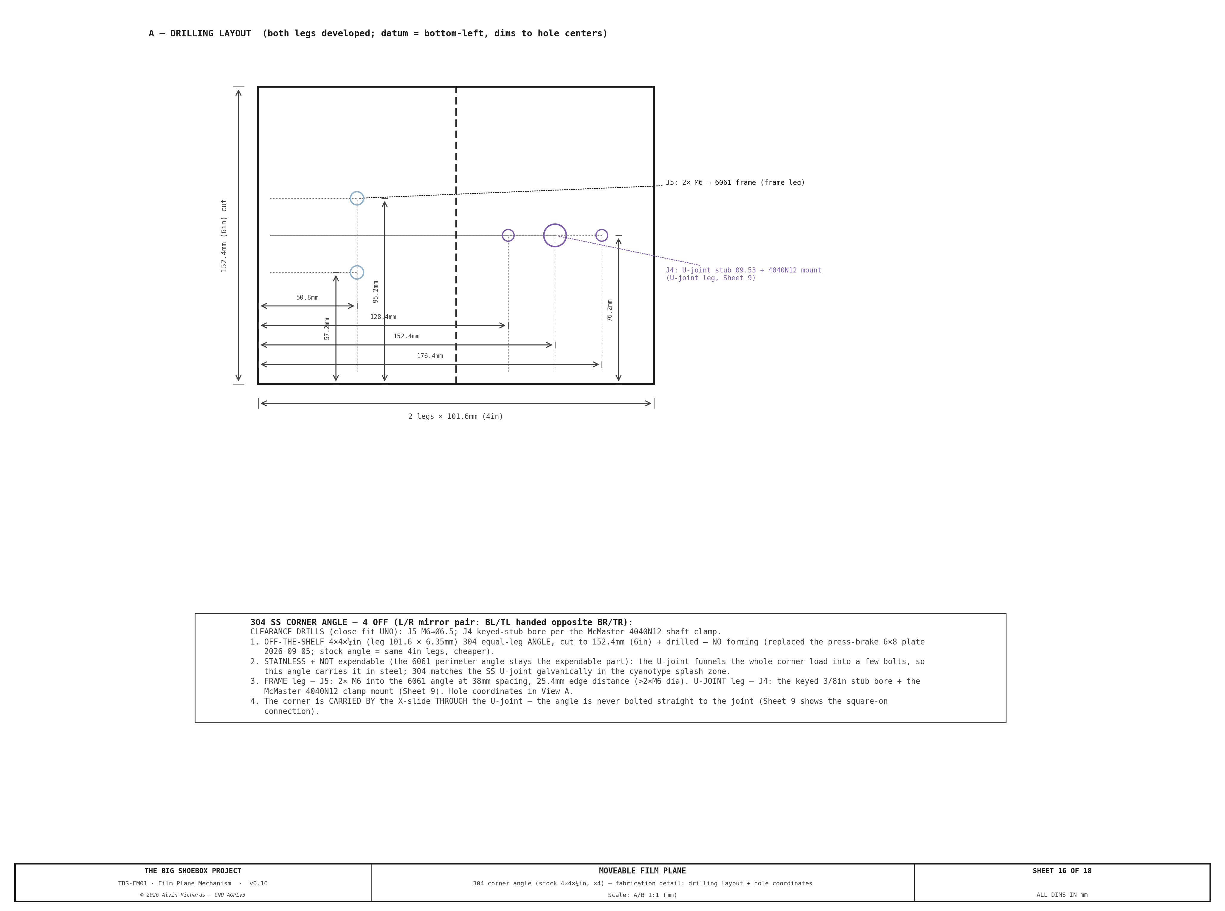 TBS-001 Film Plane Mechanism — Sheet 16: 304 Corner Angle (Stock 4×4×¼) Fabrication Detail