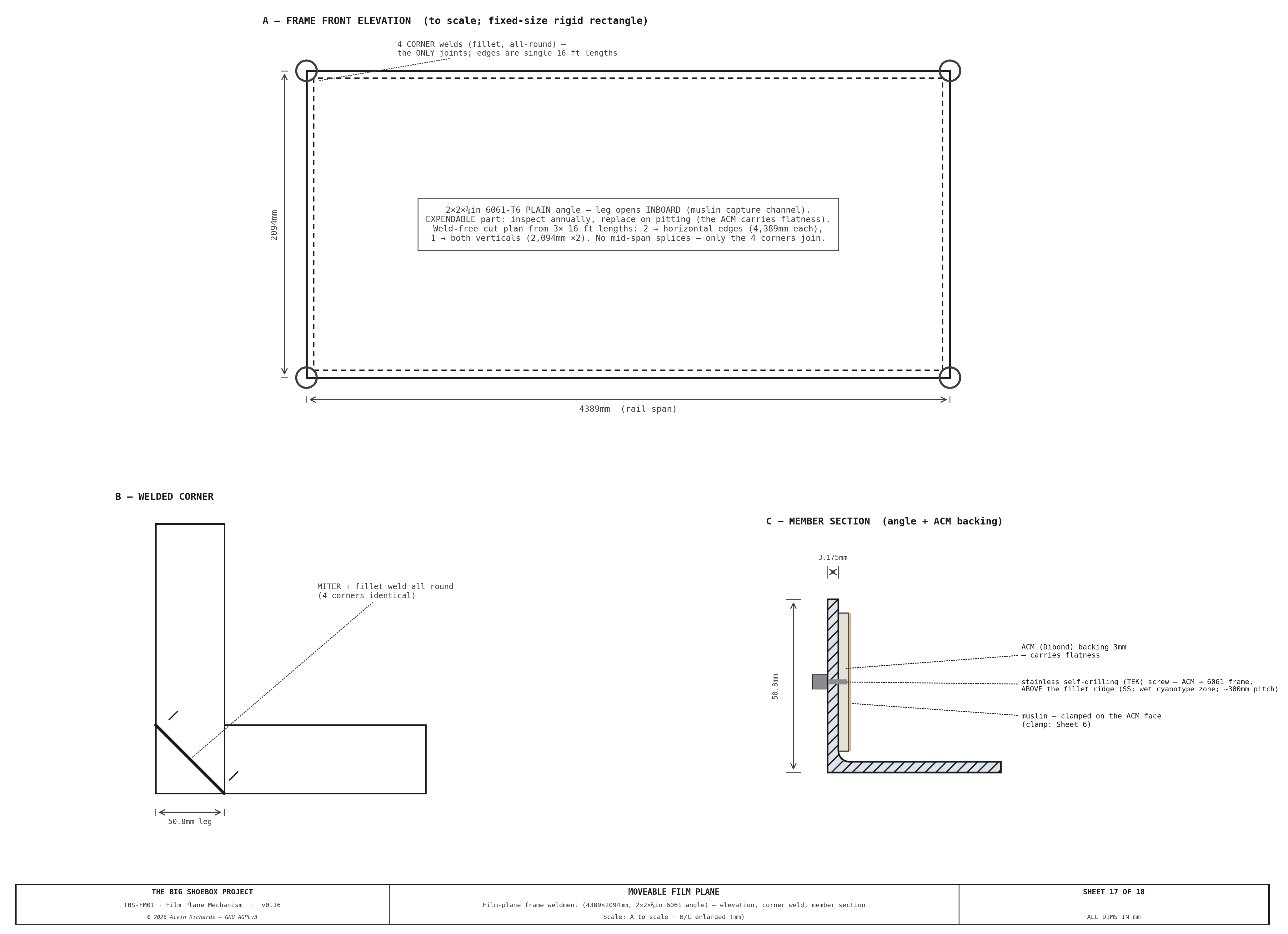 TBS-001 Film Plane Mechanism — Sheet 17: Film-Plane Frame Weldment (2×2×⅛ 6061 Angle) Fabrication Detail