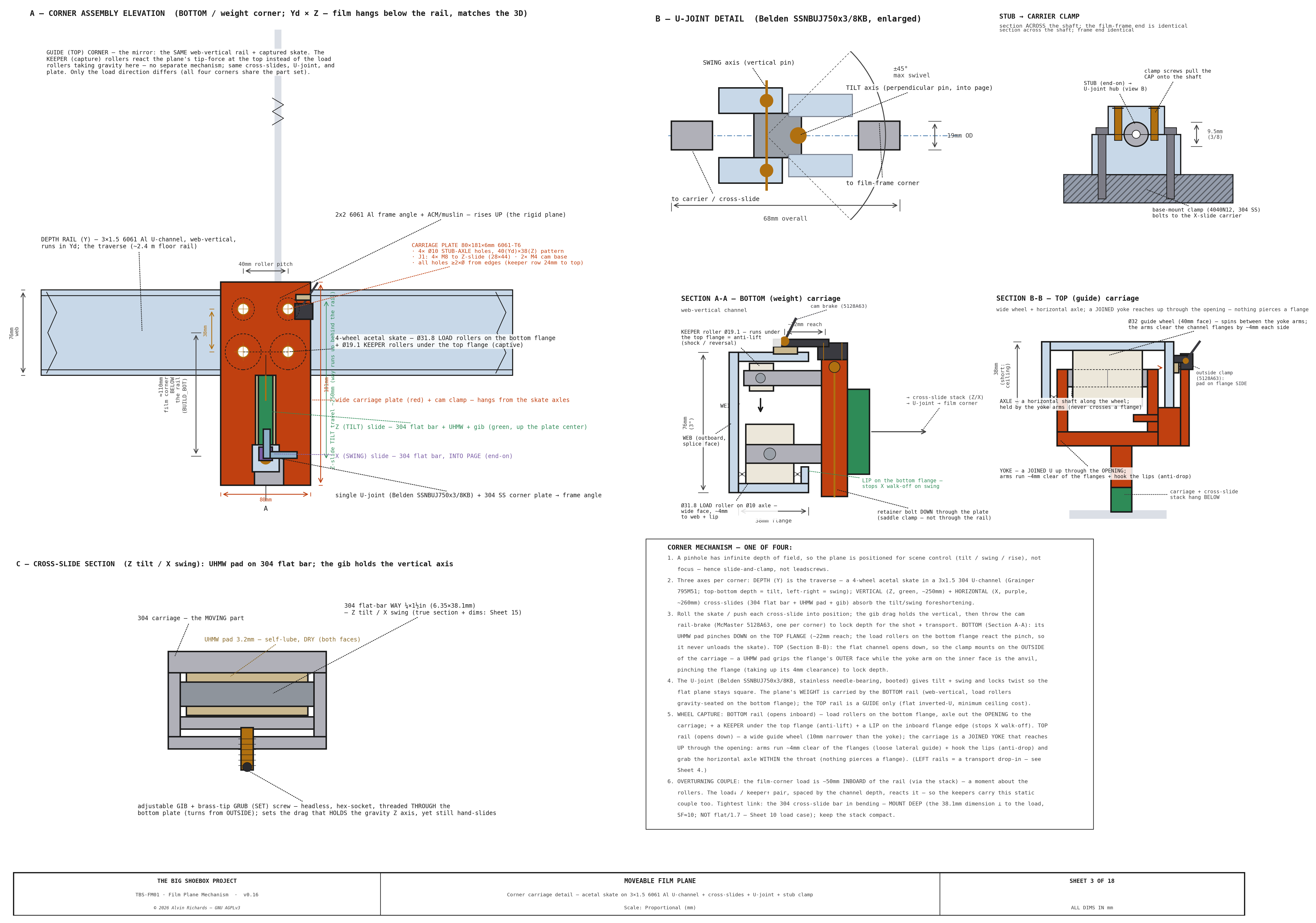 TBS-001 Film Plane Mechanism — Sheet 3: Corner Mechanism Detail (slide-and-clamp + U-joint)