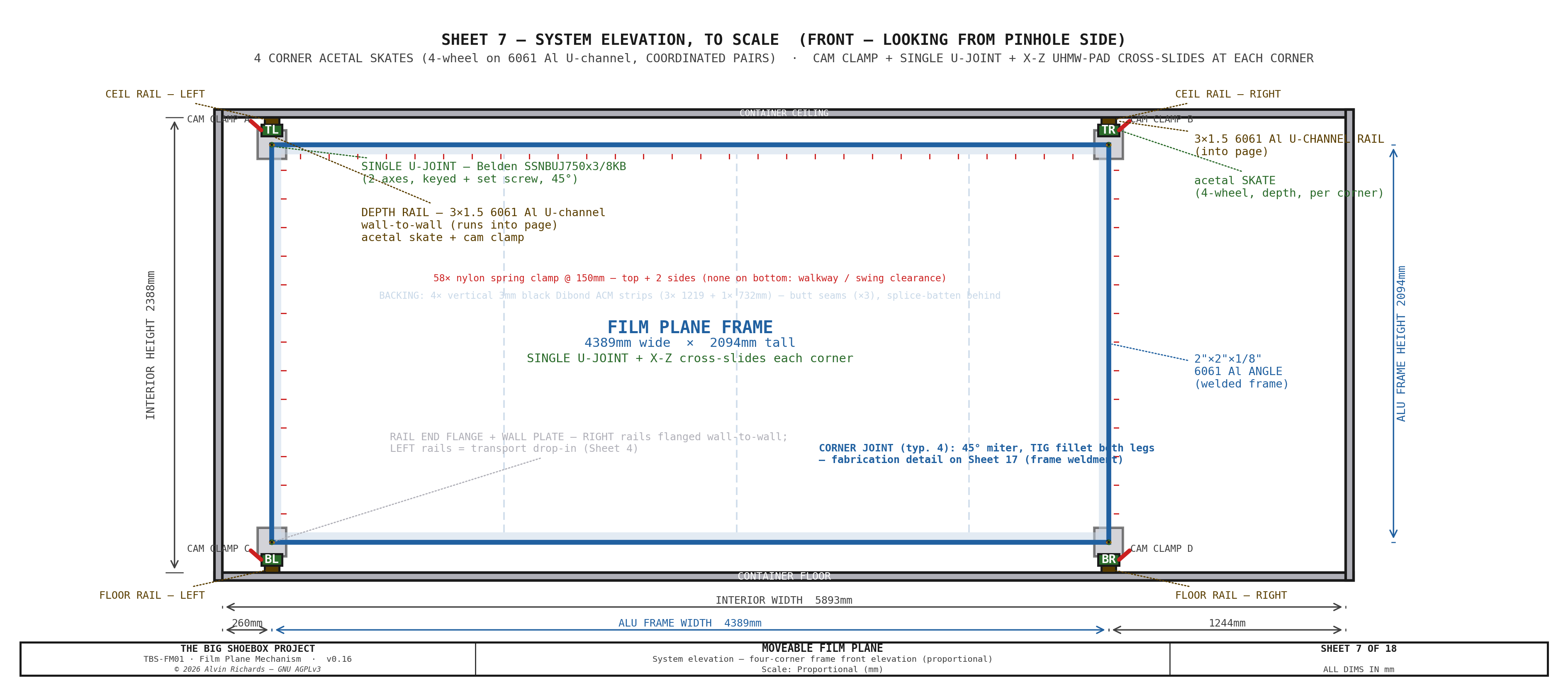 TBS-001 Film Plane Mechanism — Sheet 7: System Schematic, Front Elevation