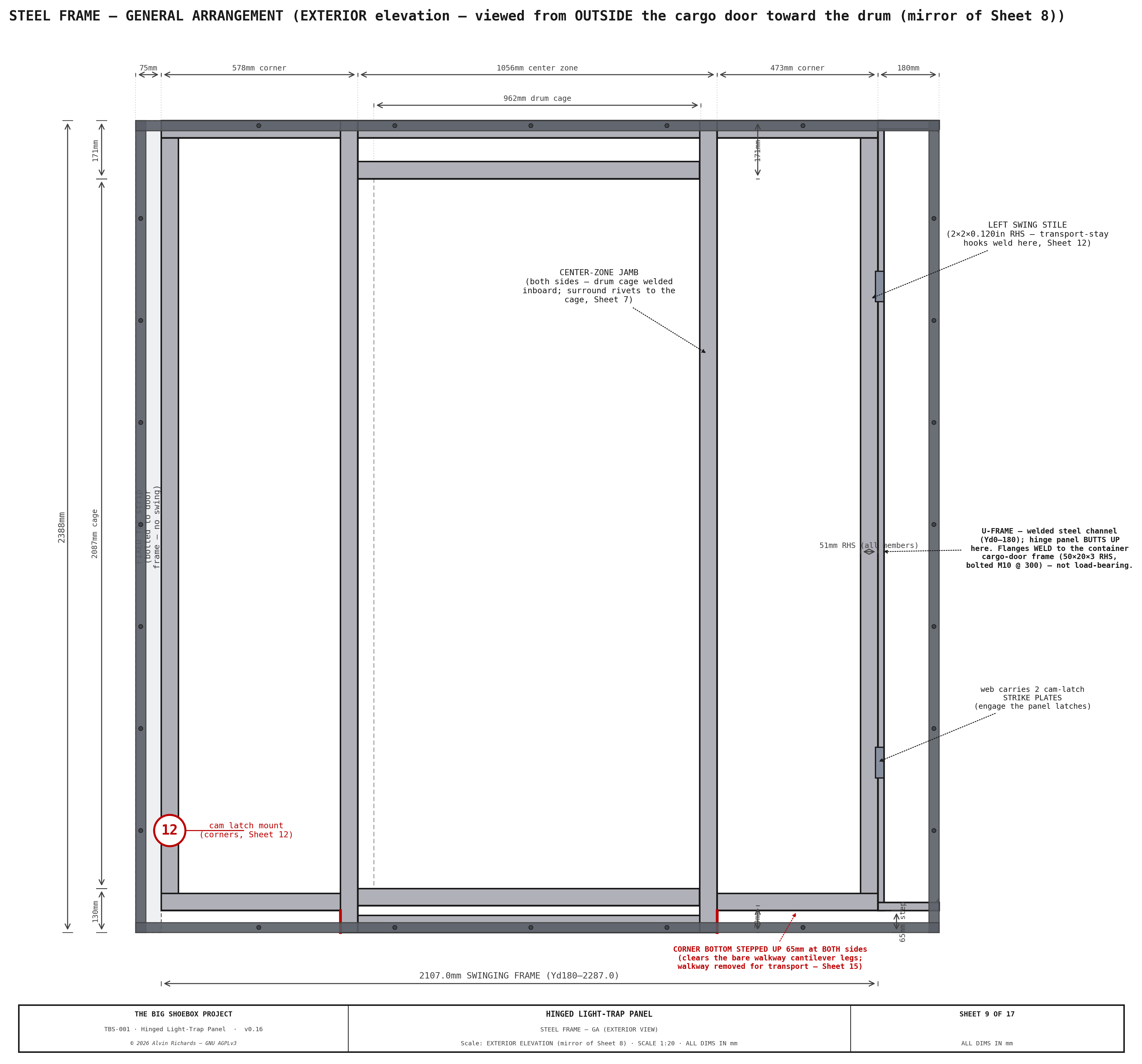 TBS-001 Hinged Panel — Sheet 9: Steel Frame GA (exterior mirror)