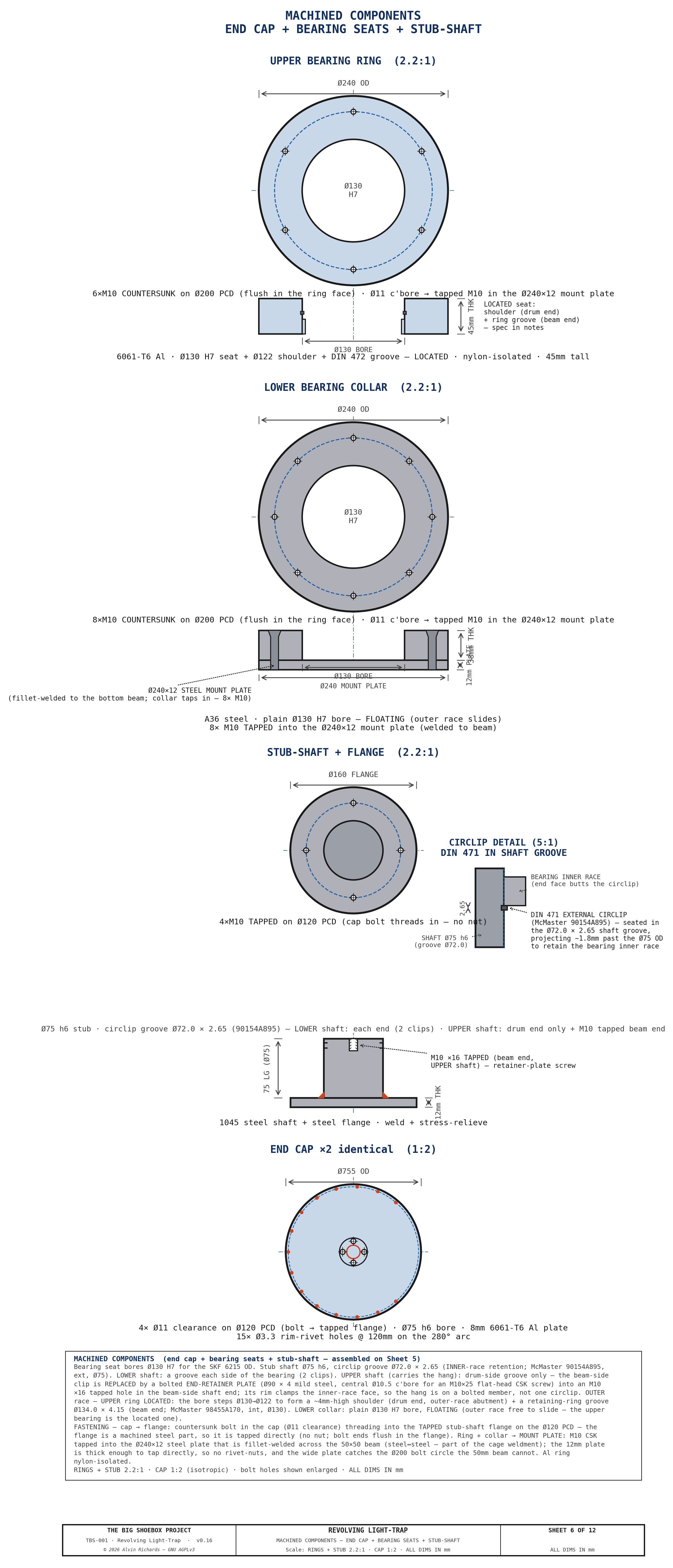 TBS-001 Light-Trap — Sheet 6: Machined Components — Bearing Seats & Stub-Shaft