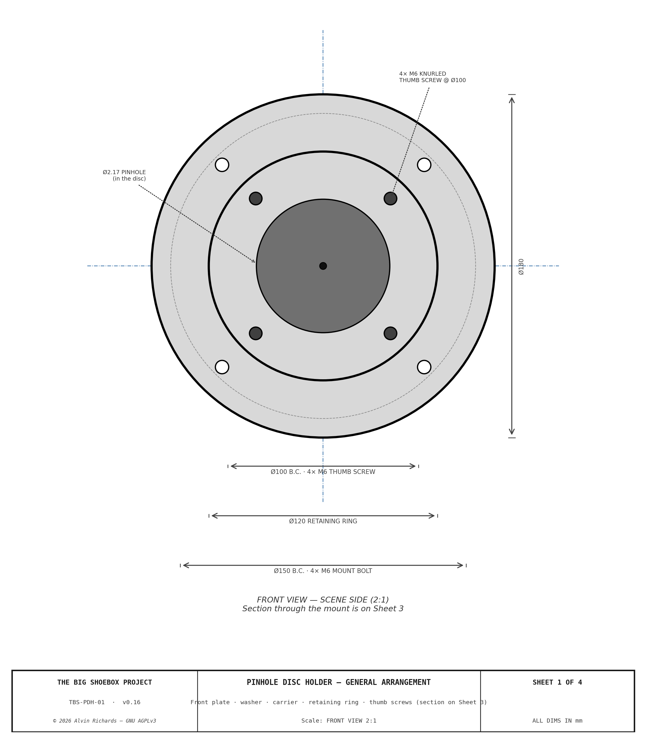 TBS-001 Pinhole Disc Holder — Sheet 1: Assembly + Section A-A