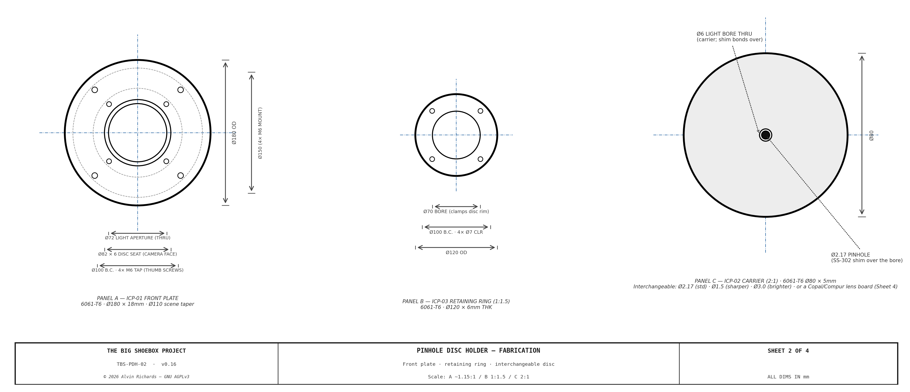 TBS-001 Pinhole Disc Holder — Sheet 2: Fabrication (front plate · retaining ring · disc)