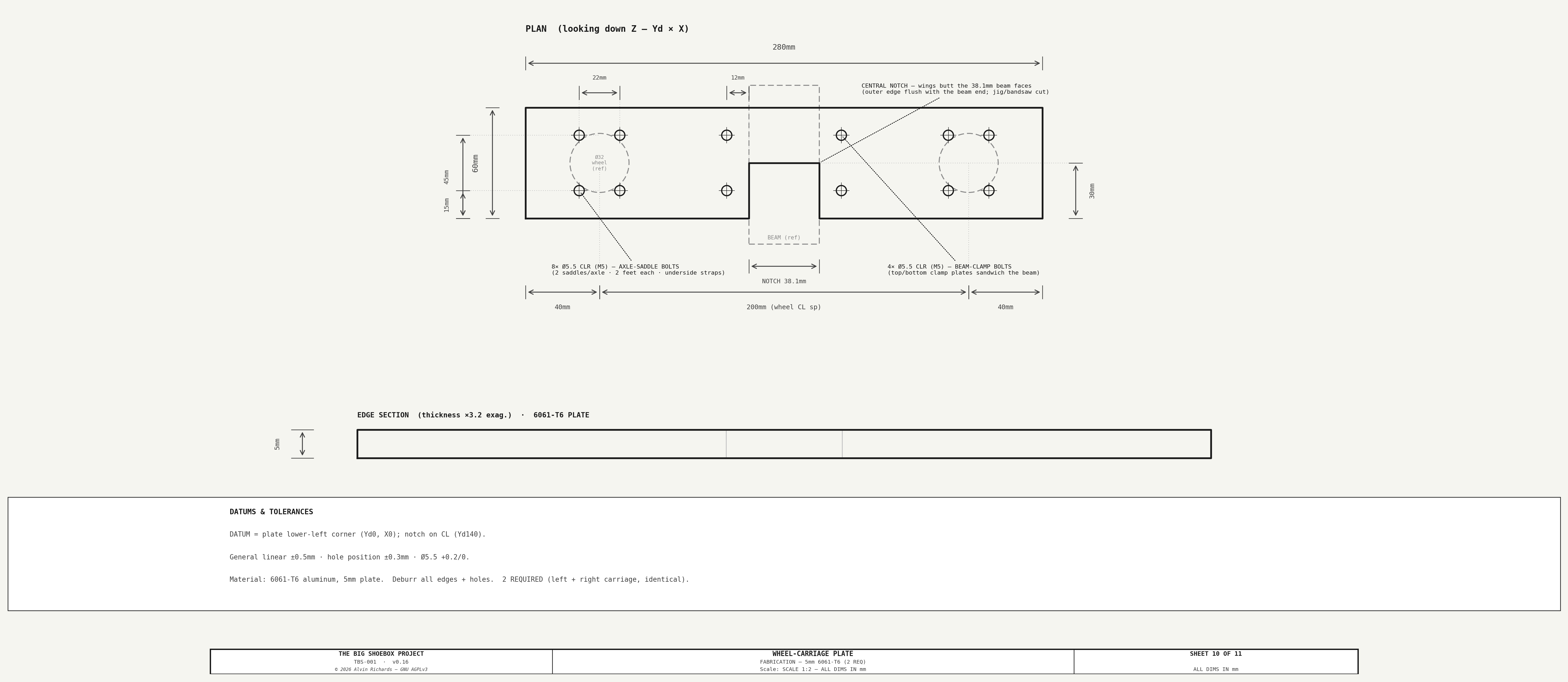Wheel-Carriage Plate — Sheet 10: fabrication (5mm 6061-T6, 2 req; notch + 12-hole drilling)
