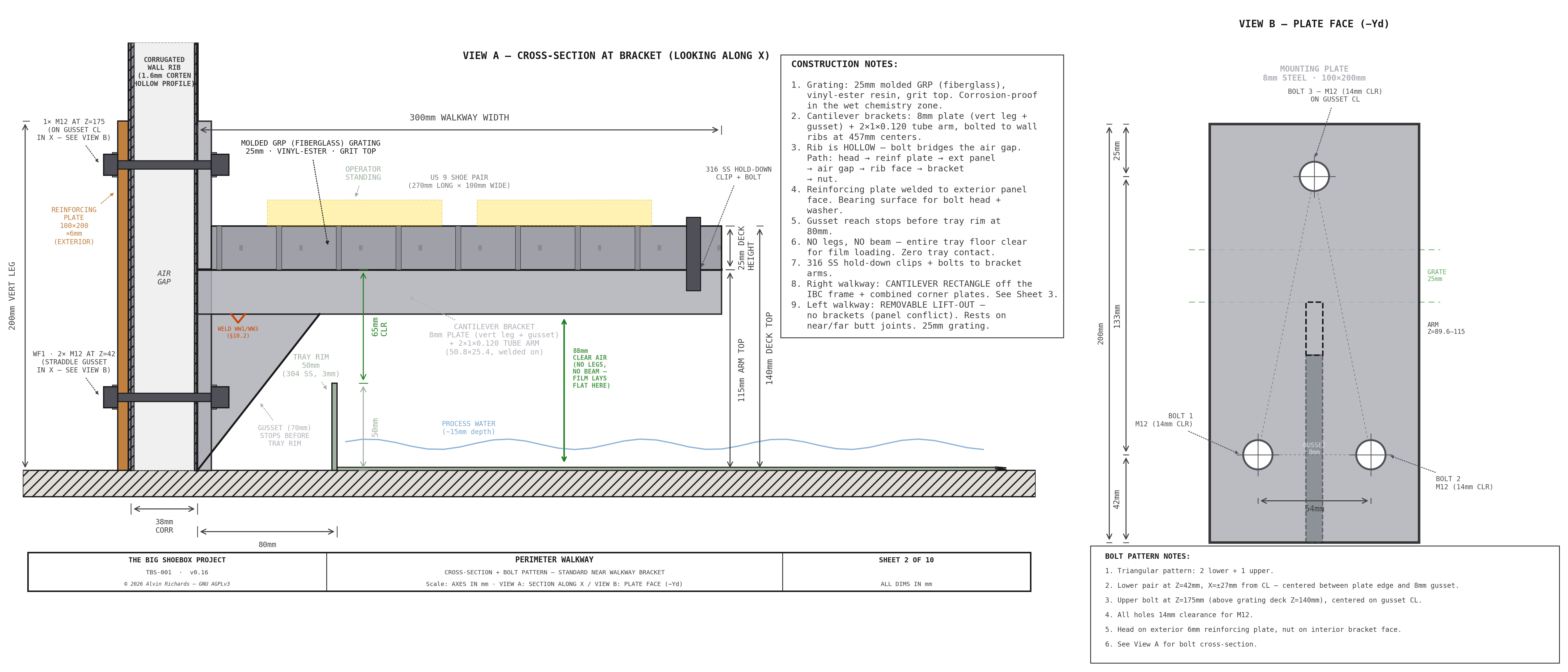 TBS-001 Walkway — Sheet 2: Cross-Section with Bracket Detail