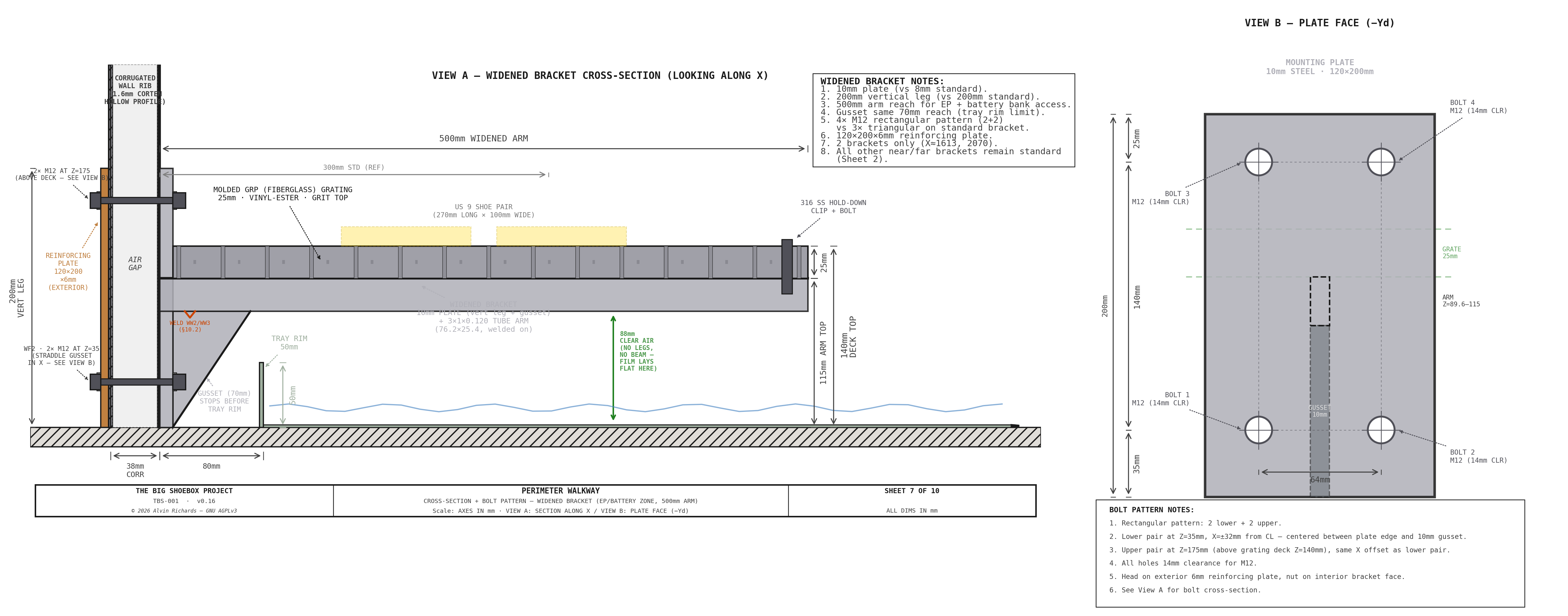 TBS-001 Walkway — Sheet 7: Widened Bracket Cross-Section + Bolt Pattern
